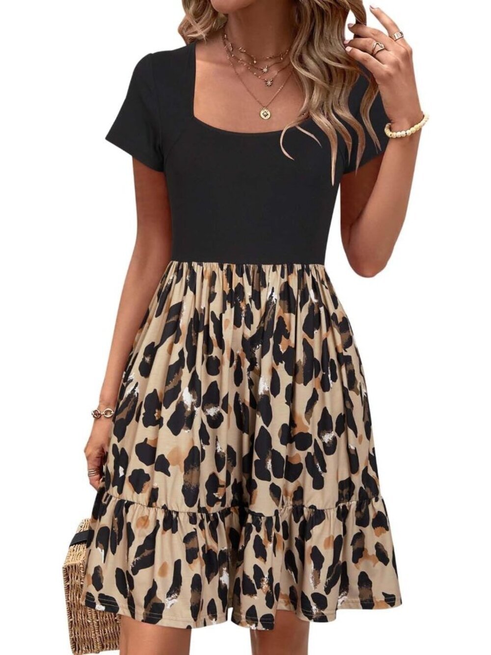 Women's Floral Short Sleeve Square Neck Dresses Casual Beach Vacation Mini Dress